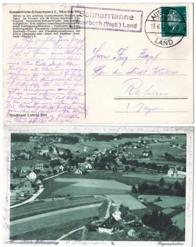 DR 1930, Landpost Stpl. SCHNARRTANNE Auerbach (Vogtl.) Land auf sw-AK m. 8 Pf. 