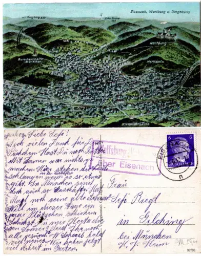 DR 1943, Landpost Stpl. Wolfsburg-Unkeroda auf Eisenach Farb-AK m. 6 Pf. 