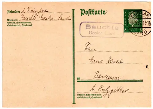 DR 1931, Landpoststempel BEUCHTE Goslar Land auf 8 Pf. Ganzsache