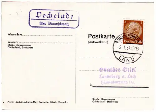 DR 1939, Landpost Stpl. VECHELADE über Braunschweig auf Karte m. 3 Pf.