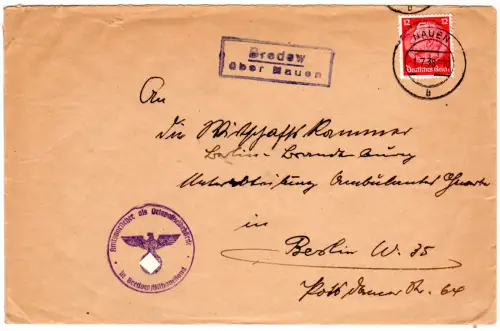 DR 1938, Landpoststempel BREDOW über Nauen auf Amtvorsteher Brief m. 12 Pf.
