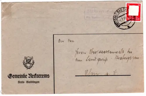 DR 1939, Landpoststempel STUTTGART-HOFEN über Bad Cannstadt auf Brief m. 12 Pf.