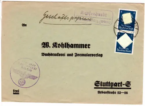 DR 1938, Landpoststempel KAPFENHARDT über Neuenbürg (Württ) auf Brief m. 2x4 Pf.
