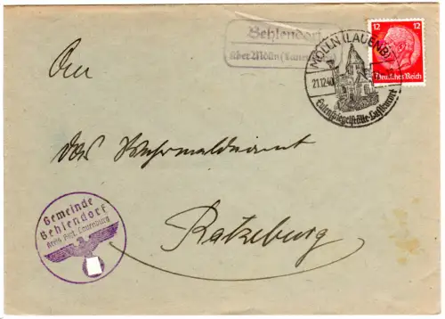 DR 1940, Landpoststempel BEHLENDORF über Mölln auf Gemeinde Brief m. 12 Pf. 