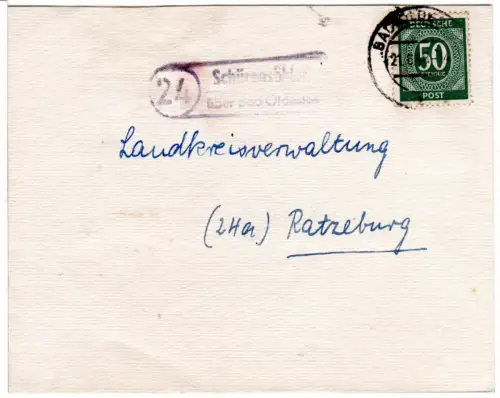 1948, Landpoststempel 24 SCHÜRENSÖHLEN über Bad Oldeslohe auf Brief m. 50 Pf. 