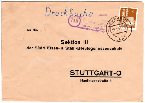 BRD 1951, Landpoststempel 14b SCHÖNEBÜRG über Laupheim auf Brief m. 4 Pf. Bauten