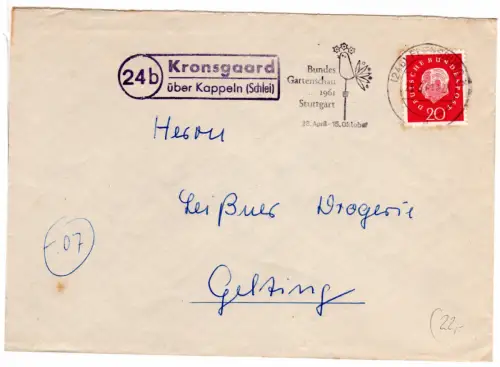 BRD 1961, Landpoststempel 24b KRONSGAARD über Kappeln auf Brief m. 20 Pf.