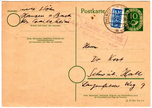 BRD 1952, Landpoststempel HAUSEN am BACH über Rott am See auf 10 Pf. Ganzsache