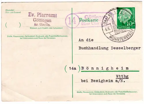 BRD 1959, Landpoststempel 14 GÖTTINGEN über Ulm (Donau) auf 10 Pf. Ganzsache
