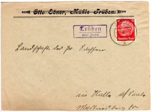 DR 1939, Landpoststpl. TRÜBEN über Zerbst auf Brief m. 12 Pf.