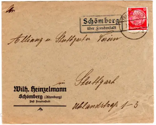 DR 1938, Landpoststempel SCHÖMBERG über Freudenstadt auf Brief m. 12 Pf.