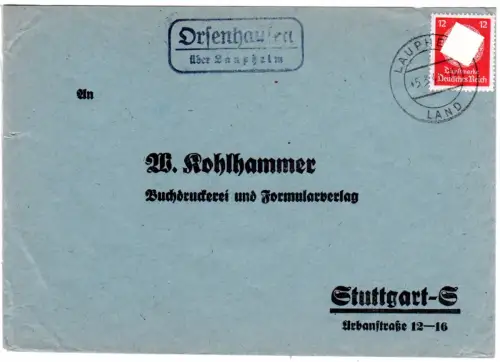 DR 1941, Landpoststempel ORSENHAUSEN über Laupheim auf Brief m. 12 Pf. Dienst