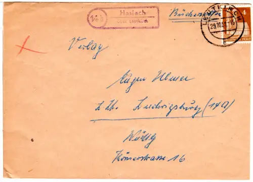 BRD 1951, Landpoststempel 14b HASLACH über Leutkirch auf Brief m. 4 Pf. Bauten