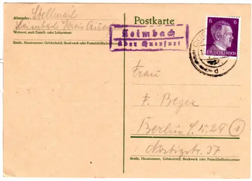 DR 1944, Landpost Stpl. LEIMBACH über Querfurt auf Karte m. 6 Pf.