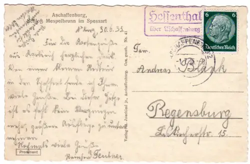 DR 1935, Landpost Stpl. HESSENTHAL über Aschaffenburg auf Karte m. 6 Pf.