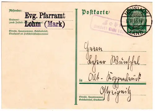 DR 1933, Landpost Stpl. LOHM über Neustadt (Dosse) 1 Bhf. auf Karte m. 6 Pf.