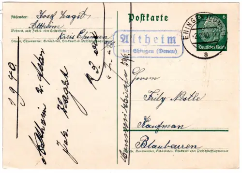 DR 1940, Landpost Stpl. ALTHEIM über Ehingen (Donau) auf 6 Pf. Ganzsache