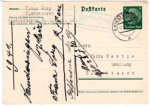 DR 1941, Landpost Stpl. HUNDERSINGEN über Ehingen (Donau) auf 6 Pf. Ganzsache