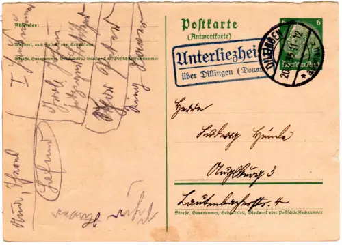 DR 1935, Landpost Stpl. UNTERLIEZHEIM über Dillingen (Donau) auf 6 Pf. Ganzsache