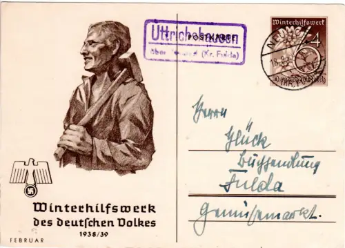 DR 1939, Landpost Stpl. UTTRICHSHAUSEN über Neuhof auf 6+4 Pf. WHW-Ganzsache