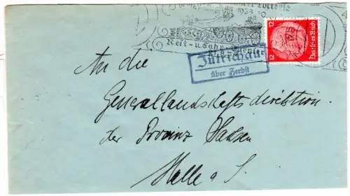DR 1938, Landpost Stpl. JÜTRICHAU über Zerbst auf Brief m. 12 Pfg.