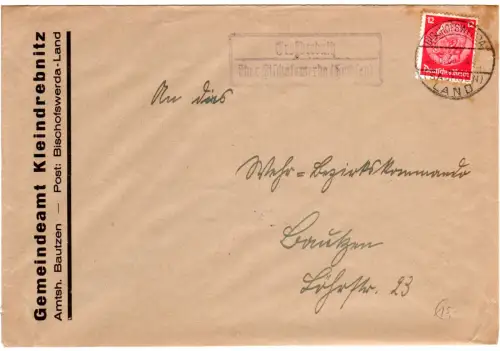 DR 1935, Landpoststpl. GROSSDREBNITZ über Bischofswerda auf Brief m. 12 Pf.