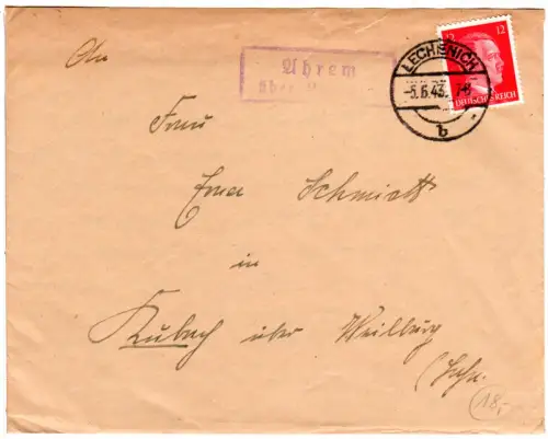 DR 1943, Landpoststpl. AHREM über Lechenich auf Brief m. 12 Pf. u. kpl. Inhalt
