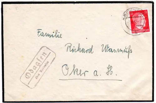 DR 1939, Landpoststpl. ODAGSEN über Kreiensen auf Brief m. 12 Pf.