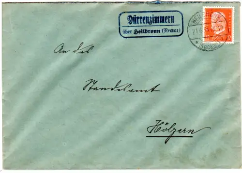 DR 1934, Landpoststpl. DÜRRENZIMMERN über Heilbronn auf Brief m. 12 Pf.
