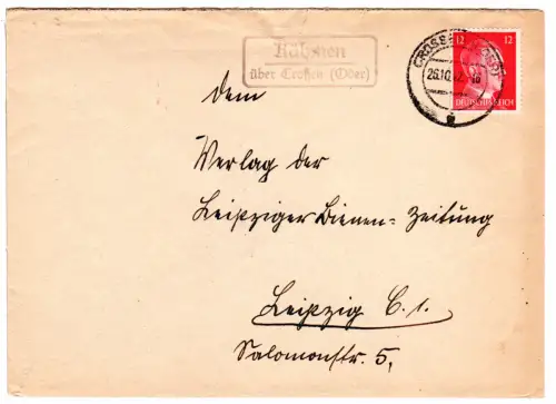 DR 1942, Landpoststpl. KÄHMEN über Crossen (Oder) auf Brief m. 12 Pf.