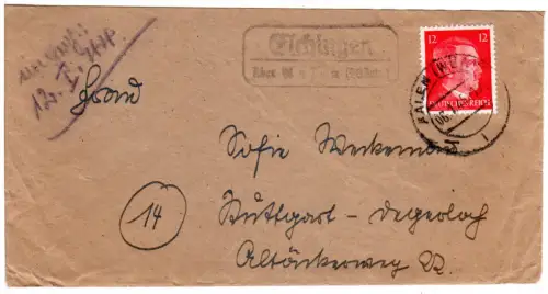 DR 1944, Landpoststpl. ELCHINGEN über Aalen (Württ.) auf Brief m. 12 Pf.