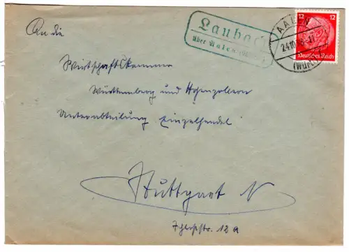 DR 1938, Landpoststpl. LAUBACH über Aalen (Württ.) auf Brief m. 12 Pf.