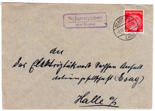 DR 1936, Landpoststpl. HOHENERXLEBEN über Staßfurt auf Brief m. 12 Pf.
