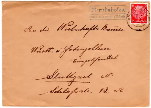DR 1938, Landpoststempel BERNDSHOFEN über Künzelsau (Württ) auf Brief m. 12 Pf.