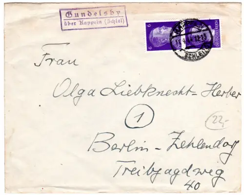 DR 1944, Landpoststempel GUNDELSBY über Kappeln (Schlei) auf Brief m. 2x6 Pf.