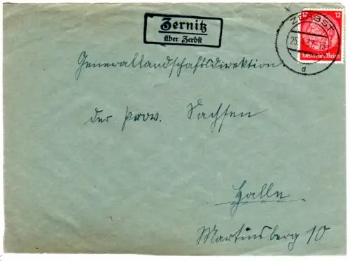 DR 1937, Landpoststpl. ZERNITZ über Zerbst auf Brief m. 12 Pf.