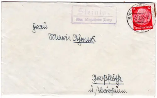 DR 1938, Landpoststpl. STEINLAH über Ringelheim auf Brief m. 12 Pf.