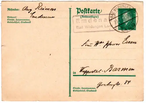 DR 1931, Landpoststempel EMDENAU Bad Wildungen Land auf 8 Pf. Ganzsache
