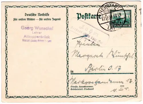 DR 1930, Landpoststempel LOHM Neustadt (Dosse) 1 Bhf. Land auf 8 Pf. Ganzsache