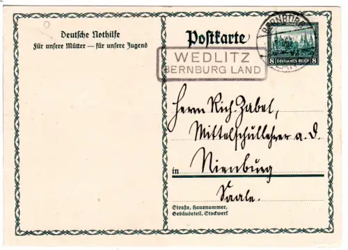 DR 1930, Landpoststempel WEDLITZ Bernburg Land auf 8 Pf. Ganzsache