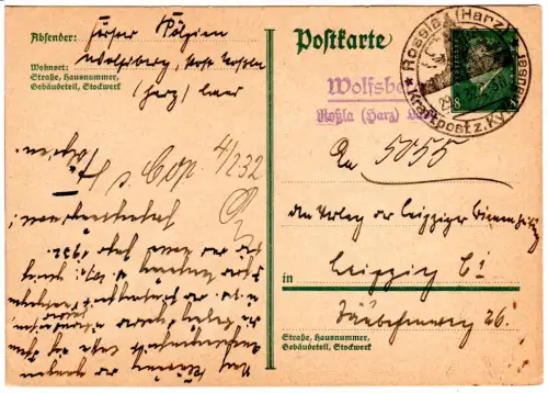 DR 1932, Landpoststempel WOLFSBERG Rossla (Harz) Land auf 8 Pf. Ganzsache