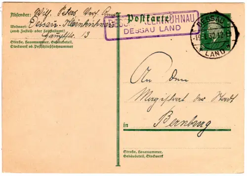 DR 1932, Landpoststempel DESSAU-KLEINKÜHNAU Dessau Land auf 8 Pf. Ganzsache
