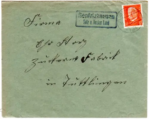 DR 1932, Landpoststempel RENFRIZHAUSEN Sulz a. Neckar Land auf Brief m. 15 Pf. 