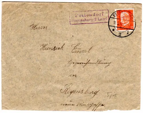 DR 1932, Landpoststempel PETTENDORF Regensburg 2 Land auf Brief m. 12 Pf. 