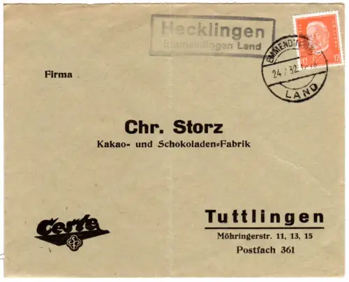 DR 1932, Landpoststempel HECKLINGEN Emmendingen Land auf Brief m. 12 Pf. 