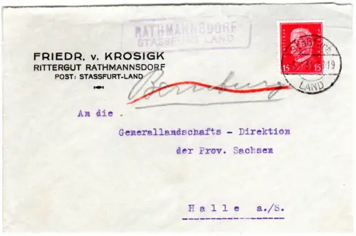 DR 1931, Landpost Stpl. RATHMANNSDORF Stassfurt Land auf Briefteil m. 15 Pf. 