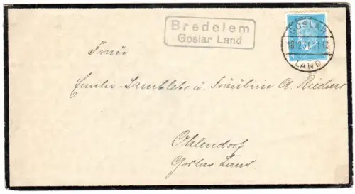 DR 1931, Landpost Stpl. BREDELEM Goslar Land auf Trauer-Brief m. 4 Pf. 
