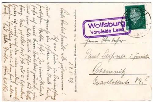 DR 1929, Landpost Stpl. WOLFSBURG Vorsfelde Land auf Karte m. 8 Pf.