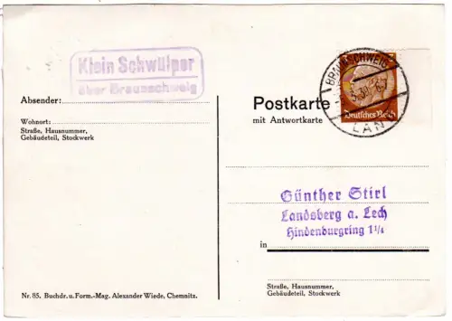 DR 1939, Landpost Stpl. KLEIN SCHWÜLPER über Braunschweig auf Karte m. 3 Pf.