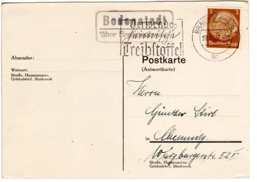 DR 1937, Landpost Stpl. BODENSTEDT über Braunschweig auf Karte m. 3 Pf.